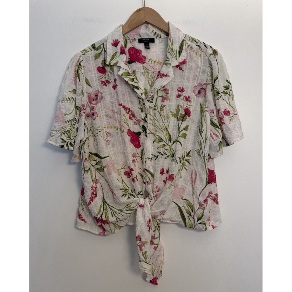 Floral Button Up Crop Top Tie Front Blouse XL Coastal Resort Preppy Fairy Beachy - Picture 13 of 13